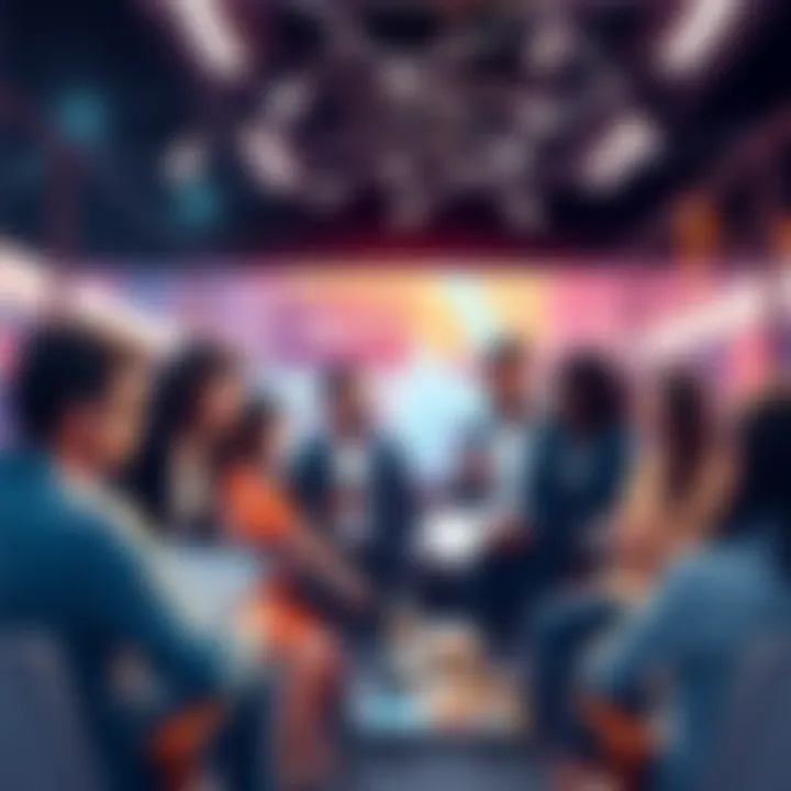 A group of diverse people discussing cryptocurrency advancements and technology in a modern setting.