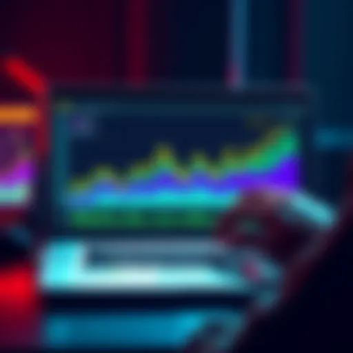 A person looking at a graph showing trends for HBAR, XLM, and ETH on a laptop while considering investment options.