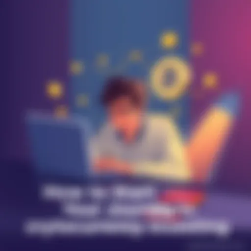 An illustration showing a person exploring cryptocurrency options on a laptop, surrounded by coins and digital wallets.