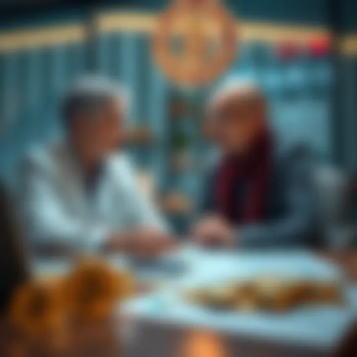 A financial advisor discusses cryptocurrency options for retirement accounts with a couple, showing charts and coins on the table.