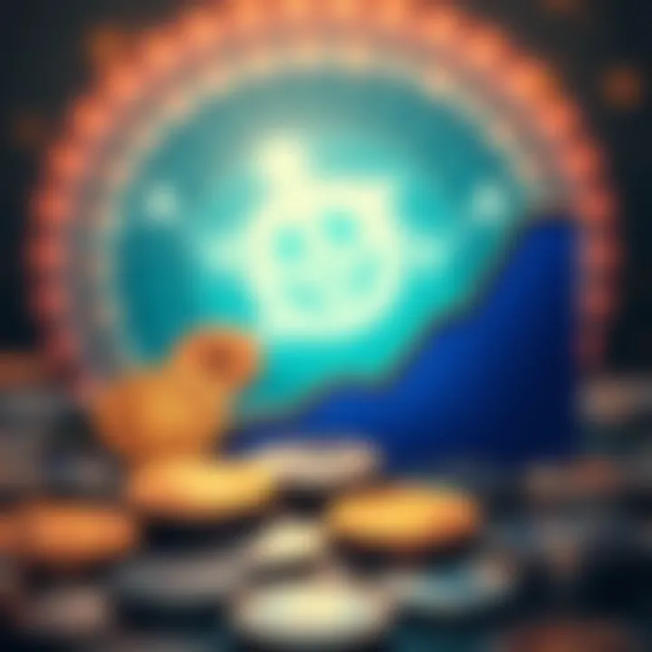 Graph showing rising cryptocurrency values with coins in the background.