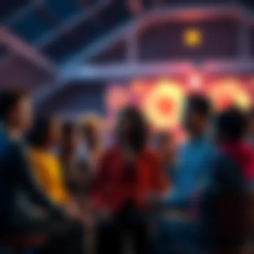 A group of diverse people gathered, listening to music and discussing the song 'Please Baby Please,' showing its cultural influence.