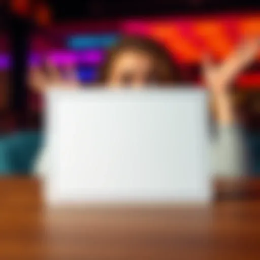 A white rectangle card that resembles a scratch-off card, placed on a table with a surprised expression on a woman's face in the background.