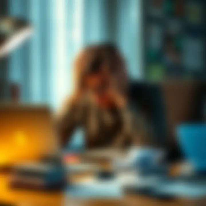 A frustrated customer sitting at a desk with a laptop, holding their head in their hands, surrounded by papers and phone, representing a struggle to recover funds from Revolut.