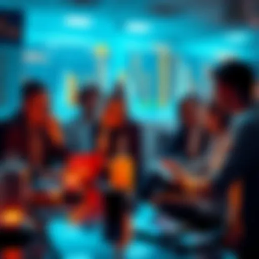 Group of people discussing cryptocurrencies while using laptops and tablets, emphasizing caution and civility.