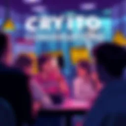 People engaging in a lively discussion about cryptocurrency with caution signs about scams in the background