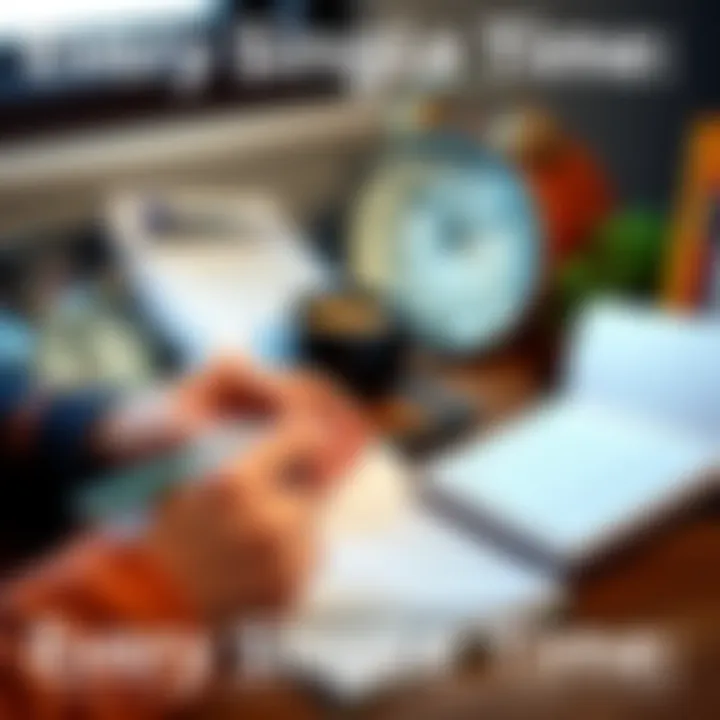 A person organizing their daily planner with a coffee cup and a clock in the background