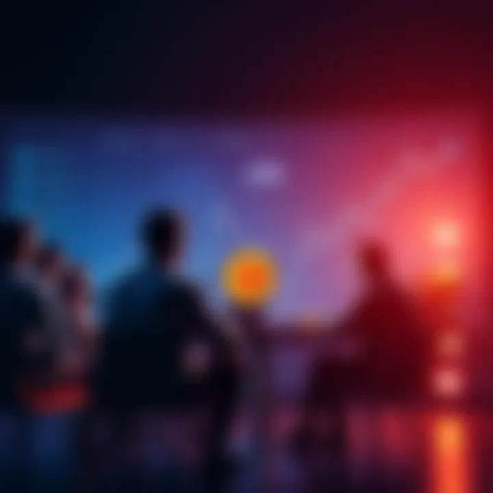 A group of people engaged in a discussion about Bitcoin criticisms, with charts and graphs about cryptocurrency trends in the background.