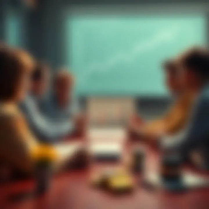 A group of people discussing cryptocurrency, showing charts and graphs on a table, representing different opinions
