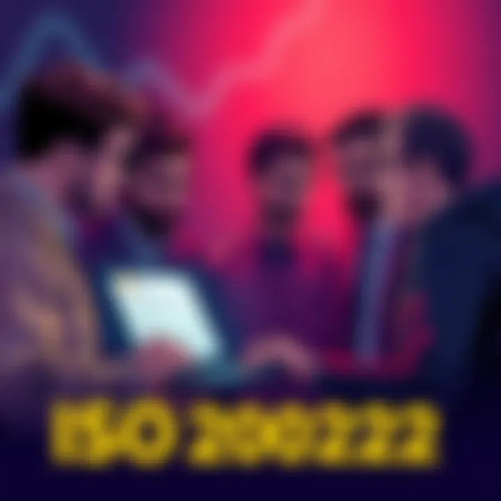 A group of people discussing the reality of ISO 20022 in cryptocurrency, with one holding a laptop open to a forum about the topic.