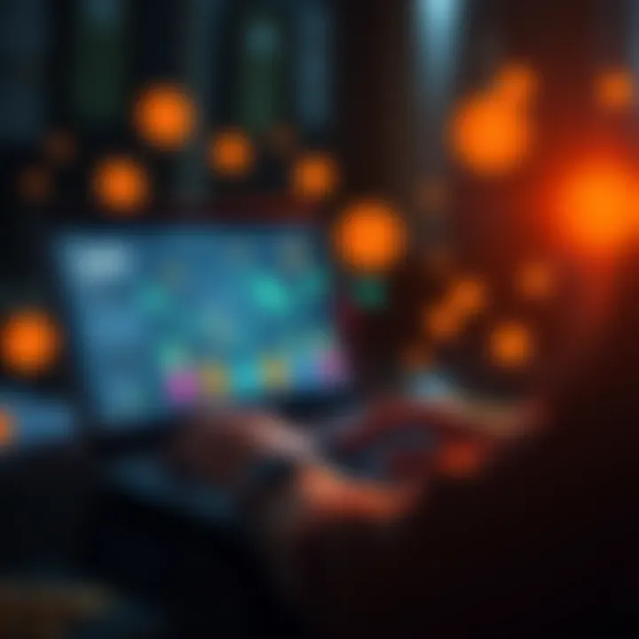 A person using a laptop to access decentralized finance platforms, with digital currency symbols around