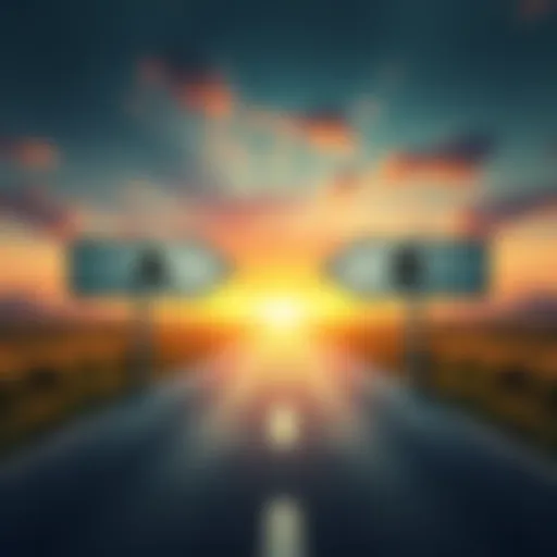 A fork in the road with signs pointing to A and B, inviting people to choose a direction.