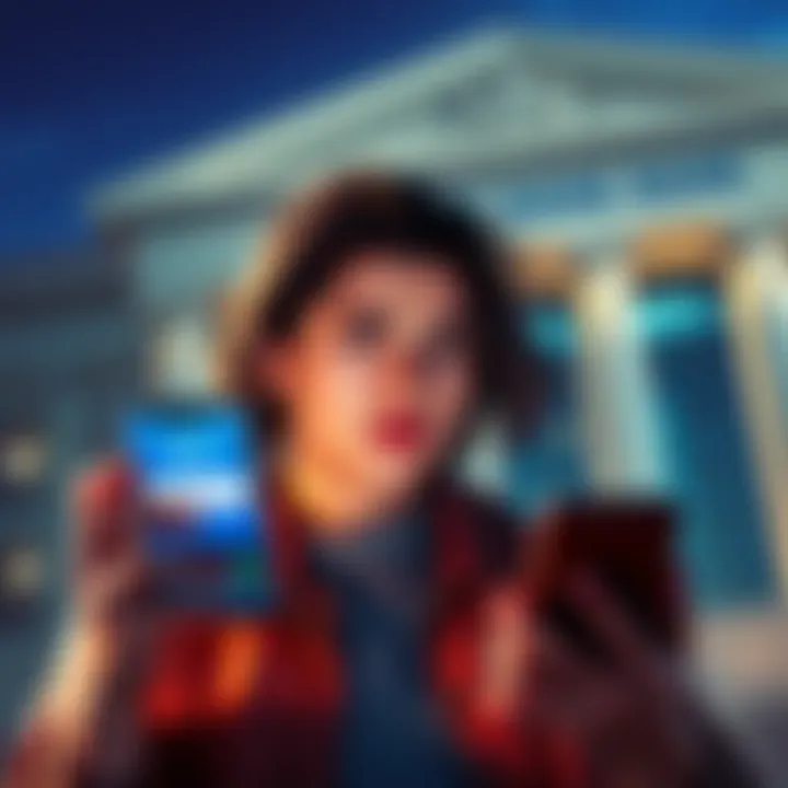 A frustrated person looking at their smartphone displaying a declined transaction message, with a bank building in the background.