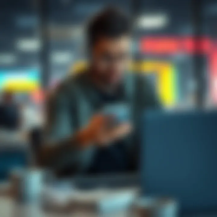 A focused player sitting at a desk, working on a laptop while checking a smartphone for surveys, surrounded by coffee and notes, highlighting dedication and routine.