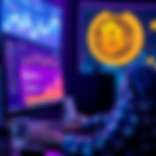 A person analyzing investment options on a computer with digital charts and cryptocurrency symbols