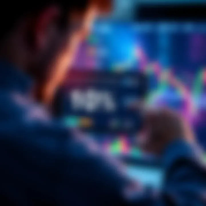 A person analyzing a digital screen showing a 10% APY offer on USDC deposits from a DeFi app, with financial charts in the background.