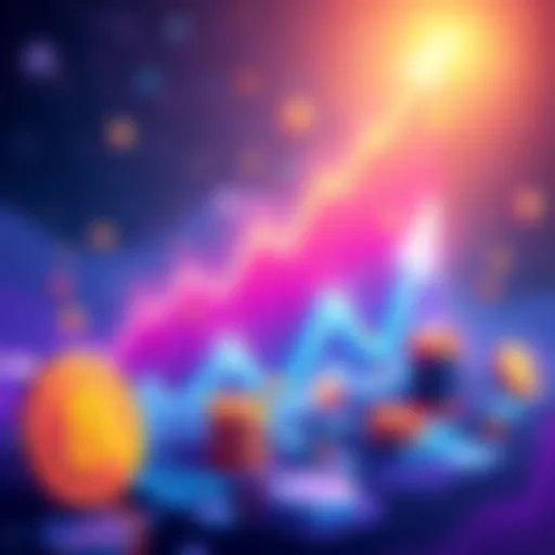 An illustration showing the rise of DeFi tokens and NFTs with upward graphs and digital currency symbols
