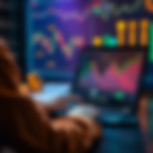 A person analyzing DeFi yield strategies on a laptop with charts and stablecoin icons in the background