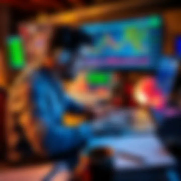 A degen trader focused on trading charts and graphs, showing a laptop with market data on the screen, surrounded by notes and coffee to signify a busy trading environment.