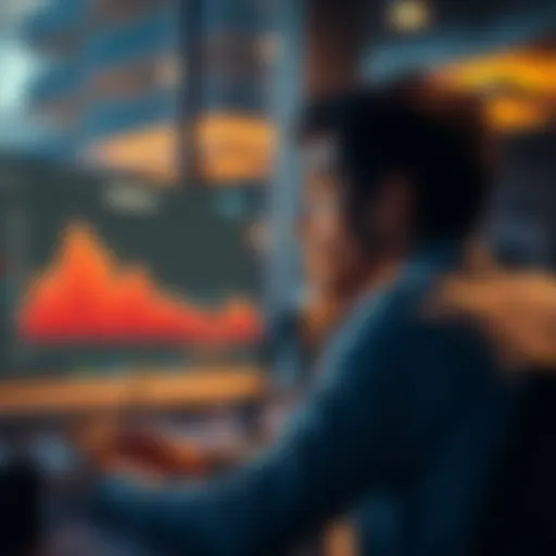 A concerned developer looks at a computer screen showing a declining graph related to the Solana blockchain, illustrating trust issues and the threat of scammers.