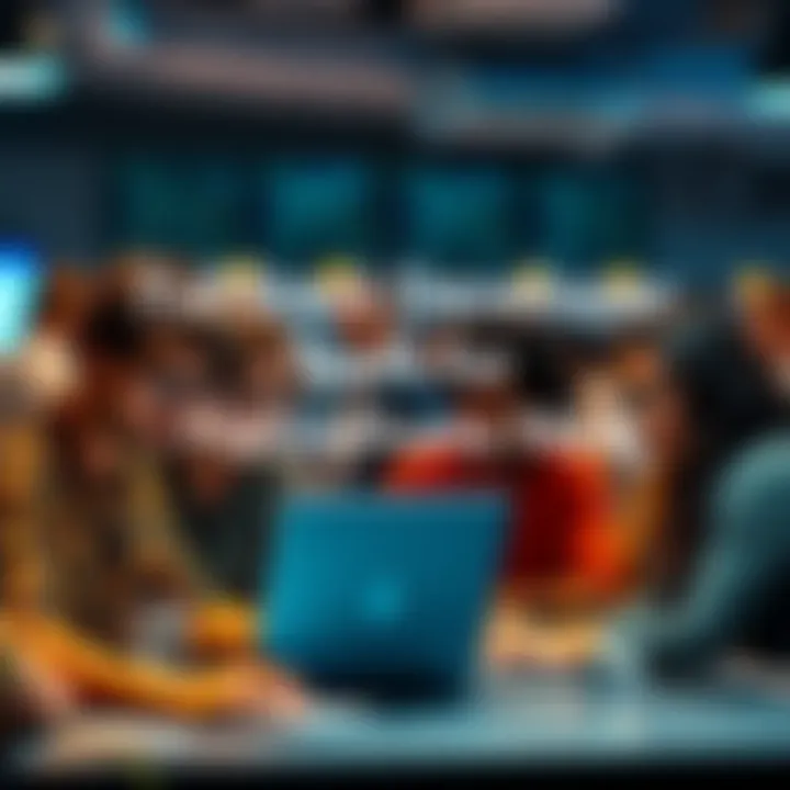 A group of diverse developers working together on laptops during a hackathon