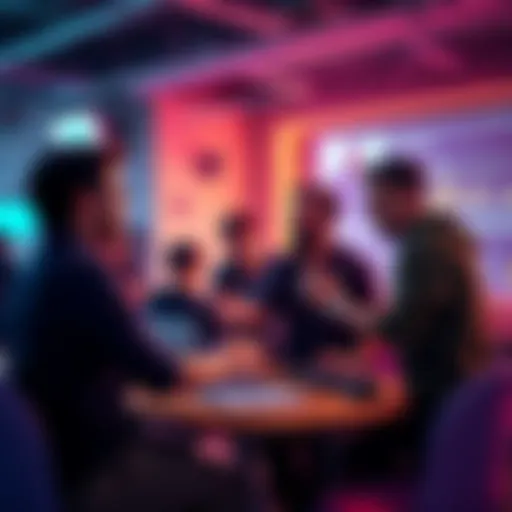 A group of Ethereum developers collaborating and sharing ideas about Solana projects, showing enthusiasm and creativity.