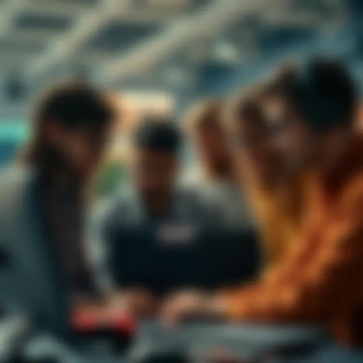 Group of diverse developers collaborating on a project, sharing ideas and coding together