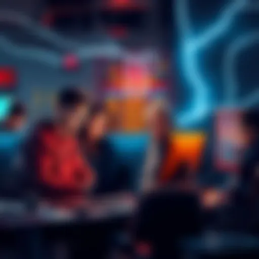 A group of developers collaborating around computers, focused on creating a Lightning wallet, showing signs of stress and fatigue