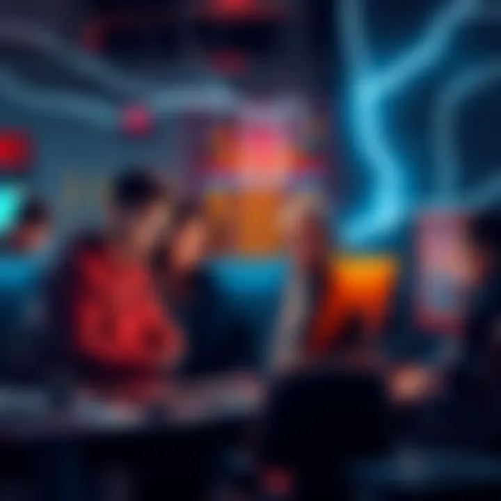 A group of developers collaborating around computers, focused on creating a Lightning wallet, showing signs of stress and fatigue