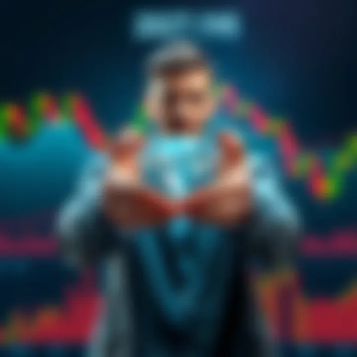 An individual confidently holds a diamond symbol while standing in front of a fluctuating stock market chart