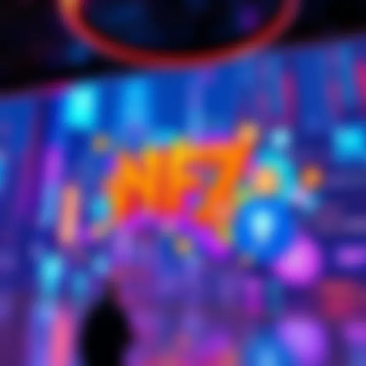 A vibrant digital art piece representing NFTs, showcasing various abstract designs and colors, with a backdrop of a futuristic city.