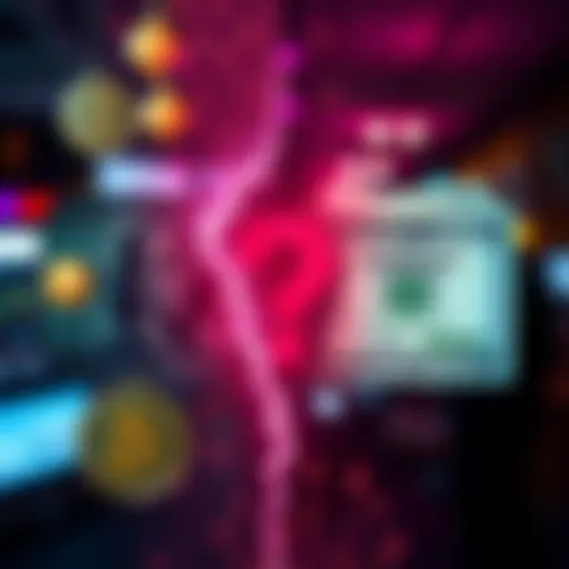 A split image showing digital currency symbols on one side and traditional cash on the other with a question mark in the center, representing the confusion between digital value and real-world money.
