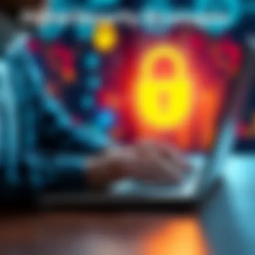 A person using a laptop with a lock symbol on the screen, representing online user protection.