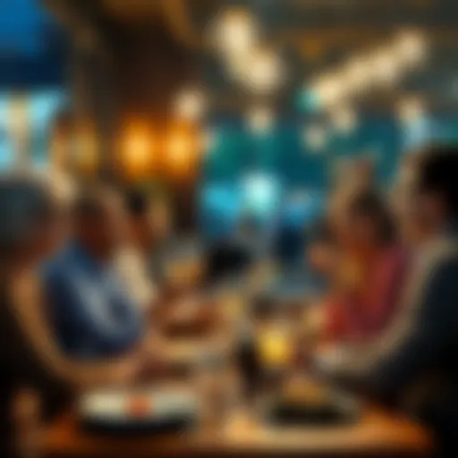 A group of friends enjoying dinner at a restaurant, celebrating their recent investment decisions after buying market dips.