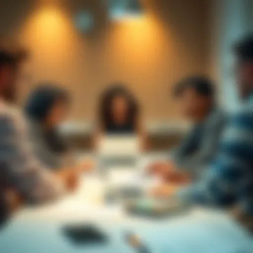 A group of people sitting around a table, engaging in a serious discussion about trust and scams, with papers and laptops in front of them.