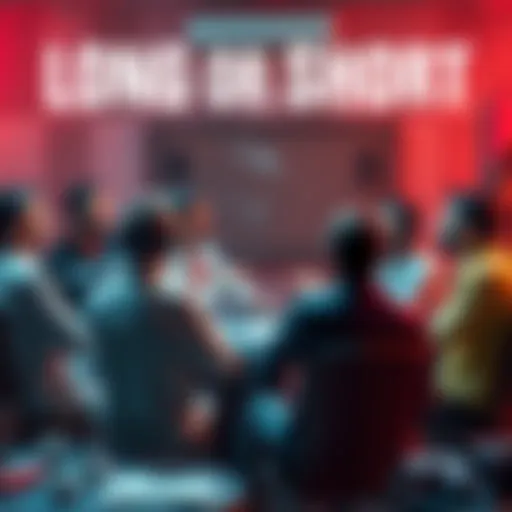 A group of people engaged in a lively debate about the merits of long versus short formats, with visual representations of both formats nearby.