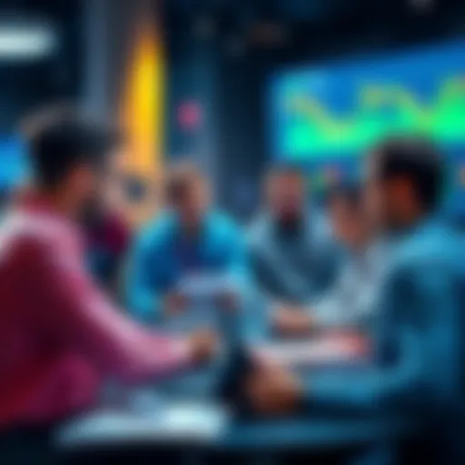 A group of people engaged in discussions with trading charts and notes