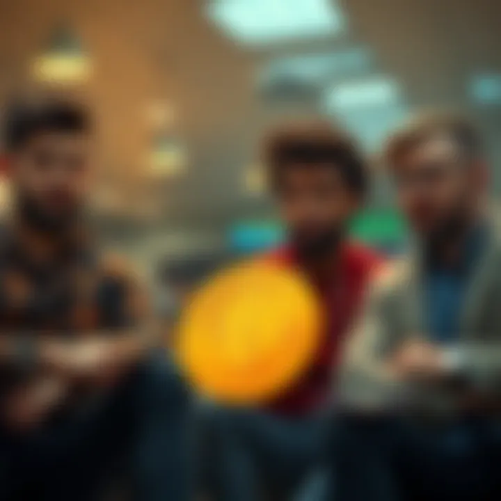 A group of friends sitting together, looking indifferent as one talks about Bitcoin, reflecting disinterest in cryptocurrency.