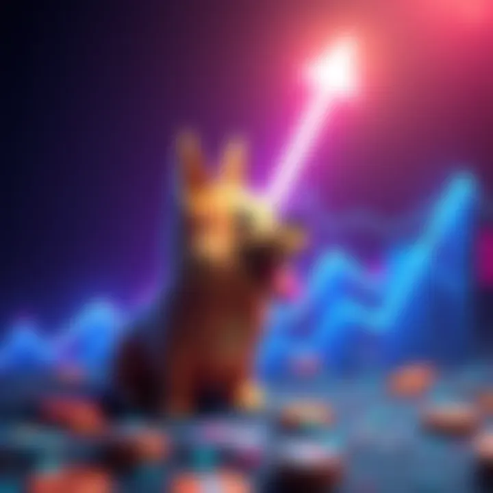 A visual representation of Doge Coin's potential rise, featuring a Doge mascot with an upward arrow indicating price movement and cryptocurrency symbols in the background.