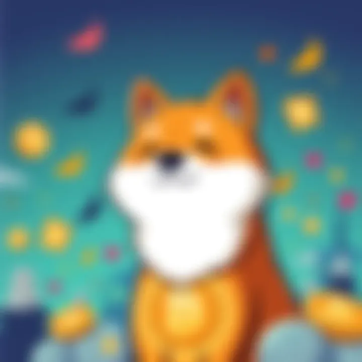 A cartoon Shiba Inu dog representing Doge coin, surrounded by playful graphics to highlight its meme status and popularity in cryptocurrency