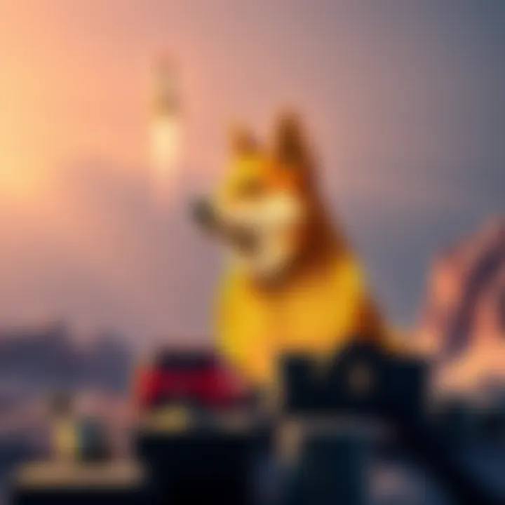 Doge coin symbol with a rocket in the background indicating price increase