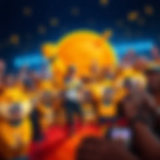 A group of cheerful Doge community members celebrating together with Doge-themed items and banners, showcasing their strong bond and enthusiasm.