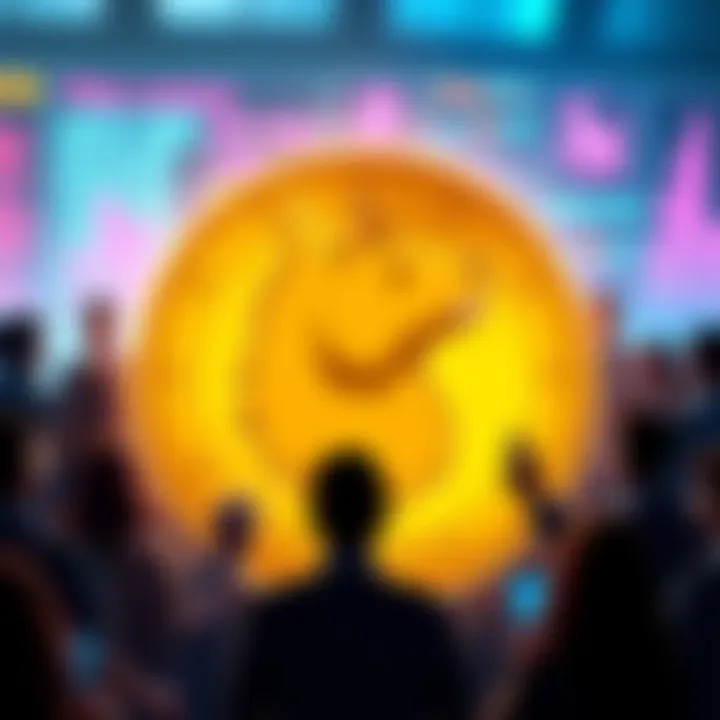 A Doge Coin symbol surrounded by people discussing its value and impact in a digital space