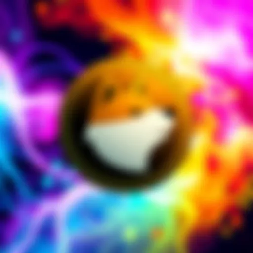 A colorful background featuring the Dogecoin logo, capturing its lighthearted and meme nature