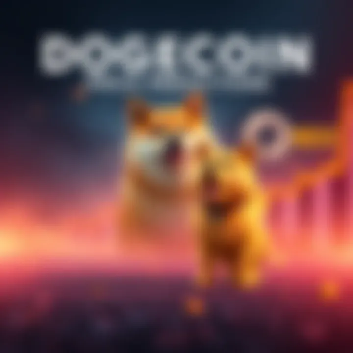 A digital graphic showing a range of Dogecoin price predictions from $1 to $100 with a dog mascot, symbolizing optimism in cryptocurrency.