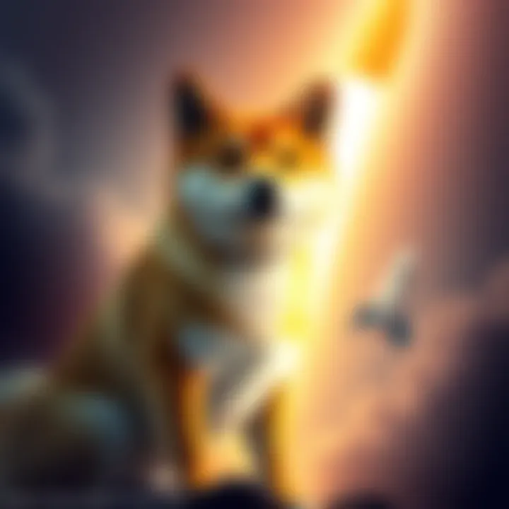 A Shiba Inu dog representing Dogecoin, with a rocket launch in the background symbolizing growth and optimism for 2025.