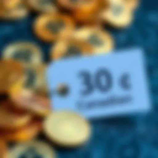 A collection of Dogecoin coins placed next to a price tag showing 30 Canadian cents
