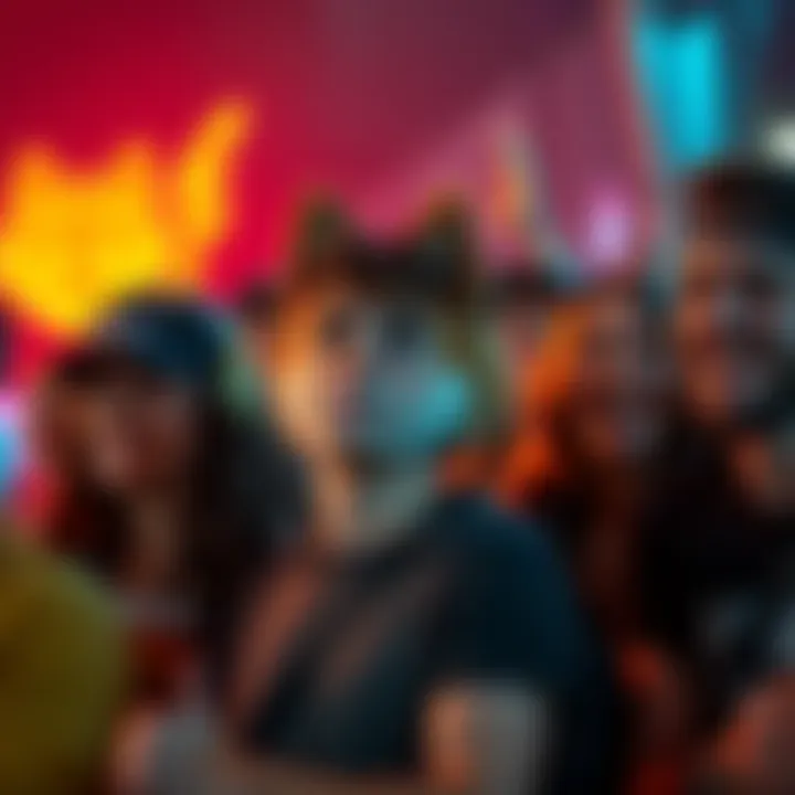 A group of Dogecoin fans looking concerned while one person frowns, contrasting with others who are smiling and enjoying the moment