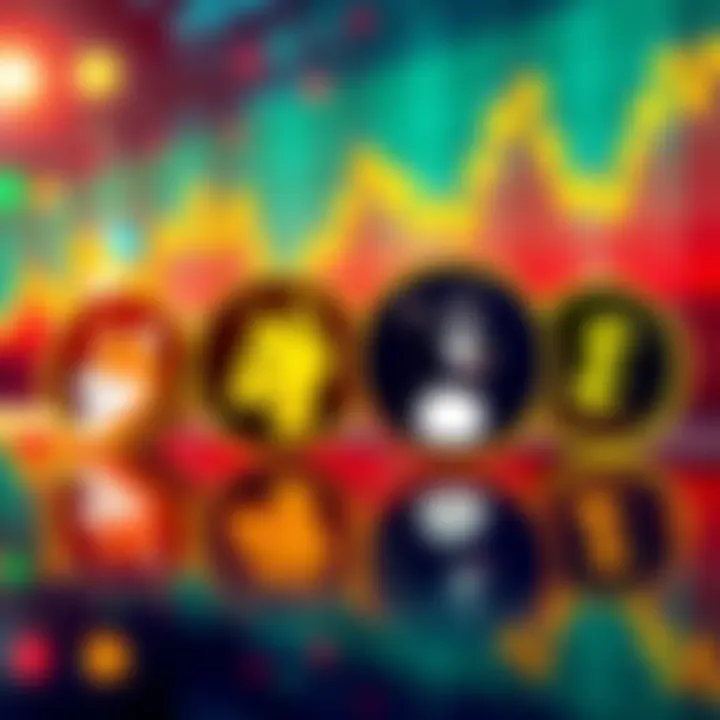 Illustration showing four logos representing Dogecoin ETFs with a bullish market trend graph in the background