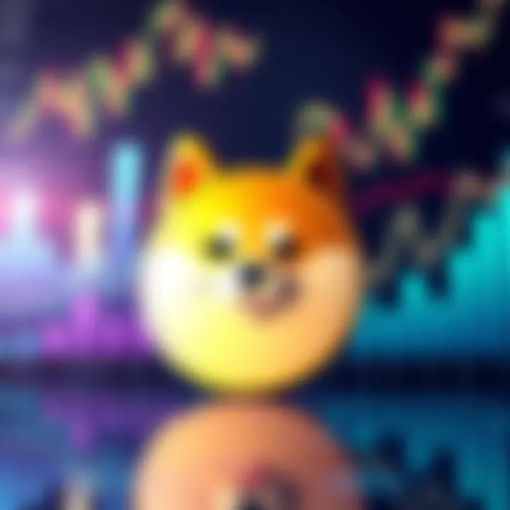 The Dogecoin symbol in front of various financial charts representing investment growth